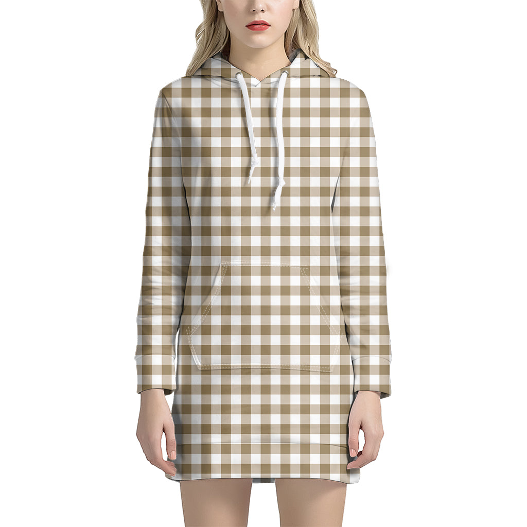 Tan And White Gingham Pattern Print Hoodie Dress