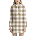 Tan And White Gingham Pattern Print Hoodie Dress