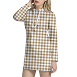 Tan And White Gingham Pattern Print Hoodie Dress
