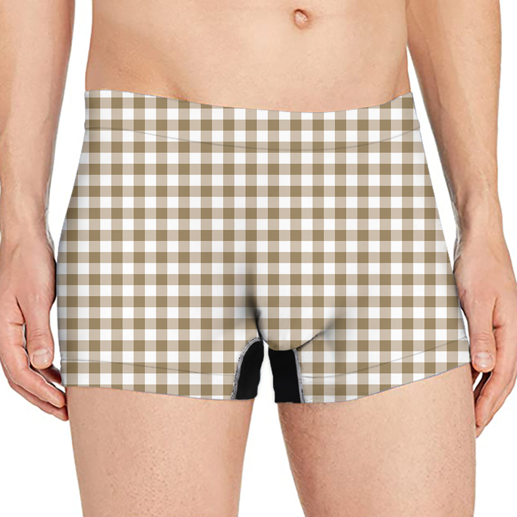 Tan And White Gingham Pattern Print Men's Boxer Briefs