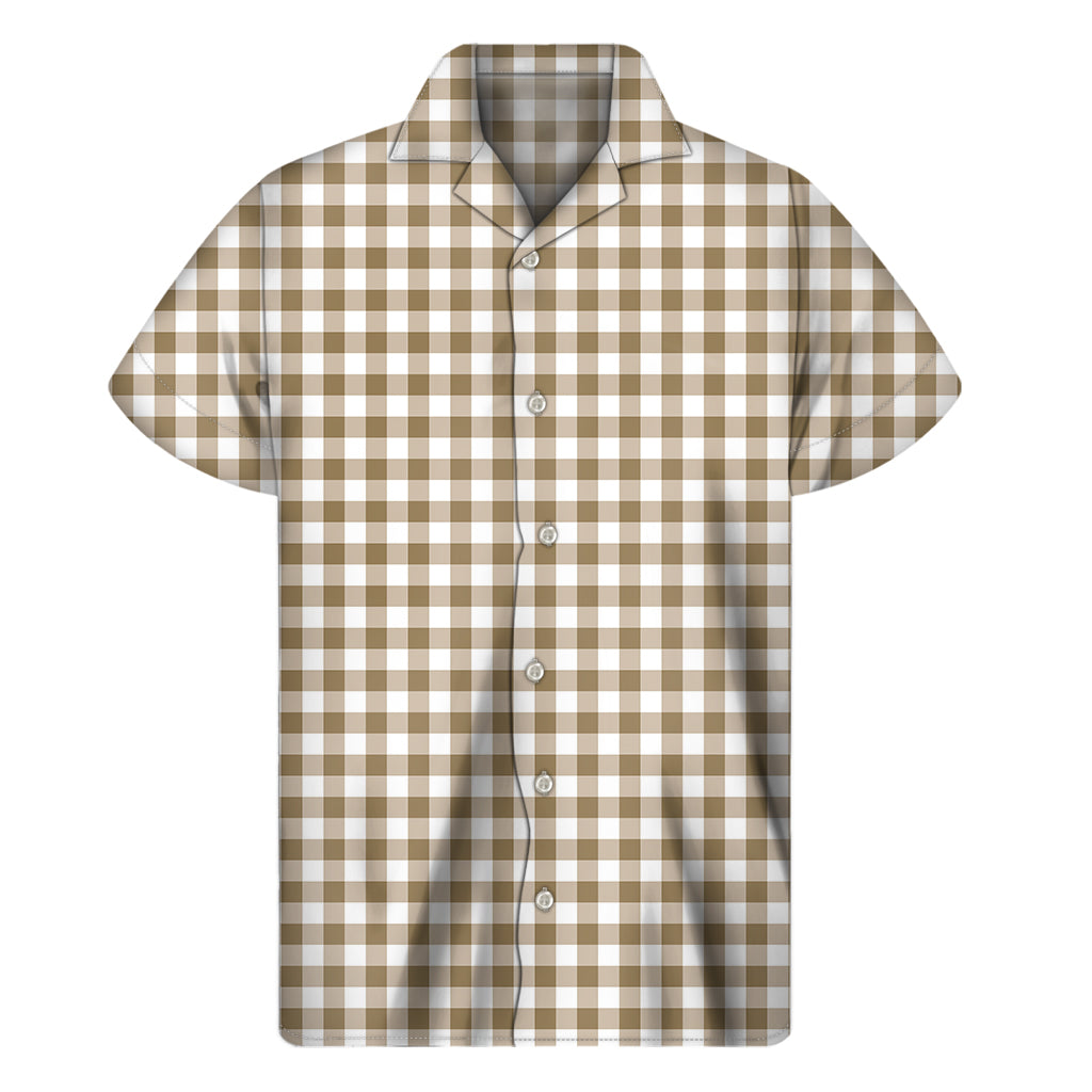 Tan And White Gingham Pattern Print Men's Short Sleeve Shirt
