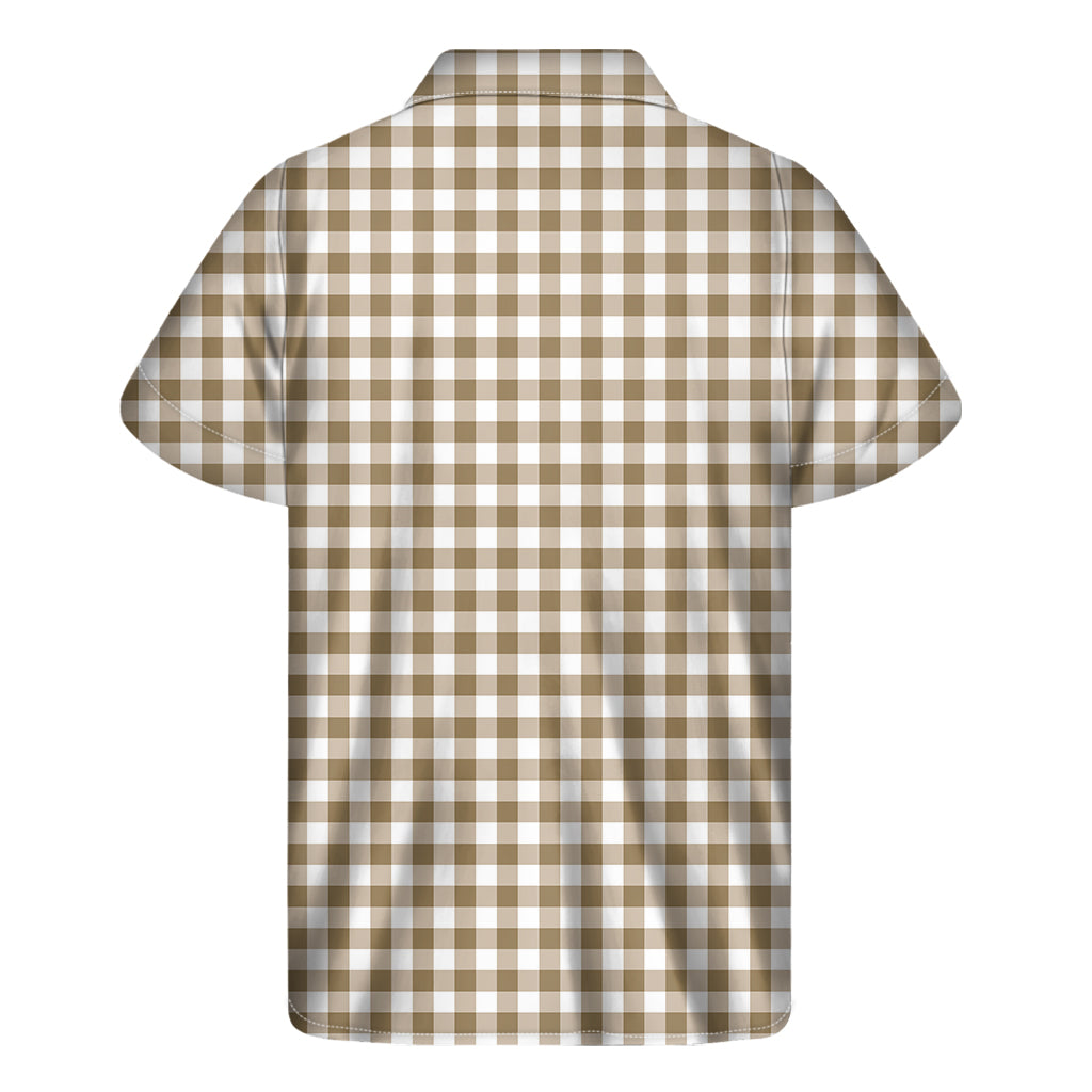 Tan And White Gingham Pattern Print Men's Short Sleeve Shirt