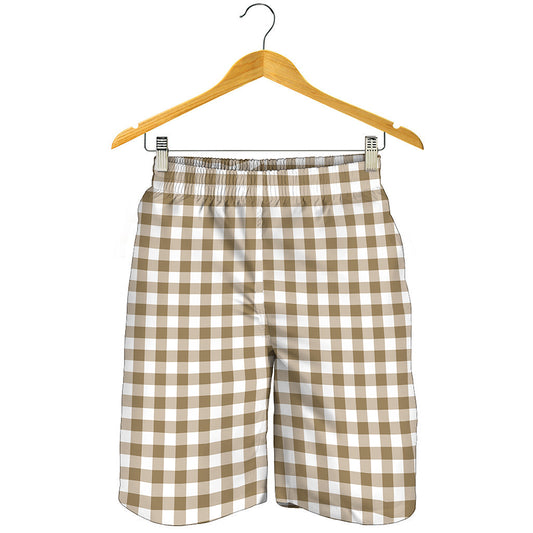 Tan And White Gingham Pattern Print Men's Shorts
