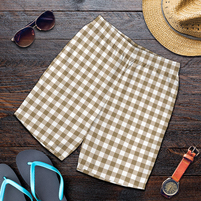 Tan And White Gingham Pattern Print Men's Shorts