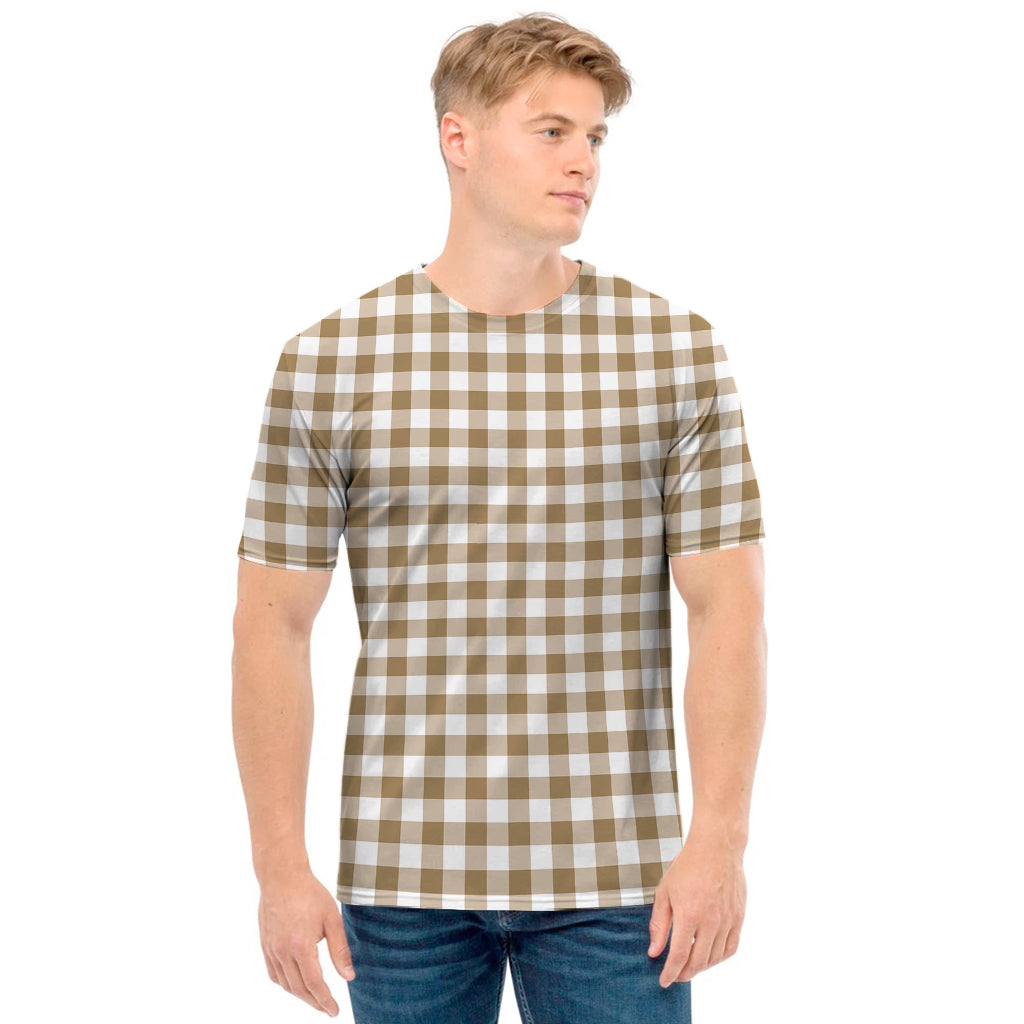 Tan And White Gingham Pattern Print Men's T-Shirt