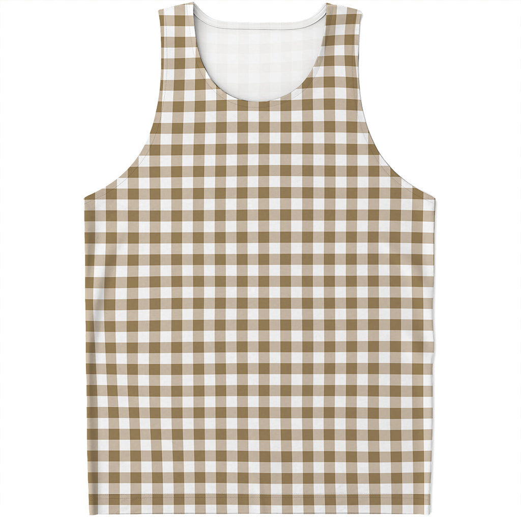 Tan And White Gingham Pattern Print Men's Tank Top