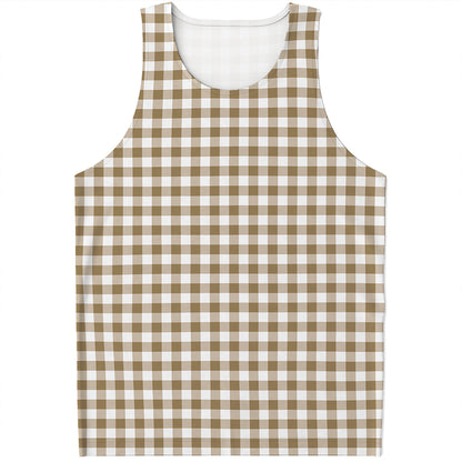 Tan And White Gingham Pattern Print Men's Tank Top