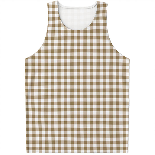 Tan And White Gingham Pattern Print Men's Tank Top