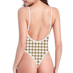 Tan And White Gingham Pattern Print One Piece High Cut Swimsuit