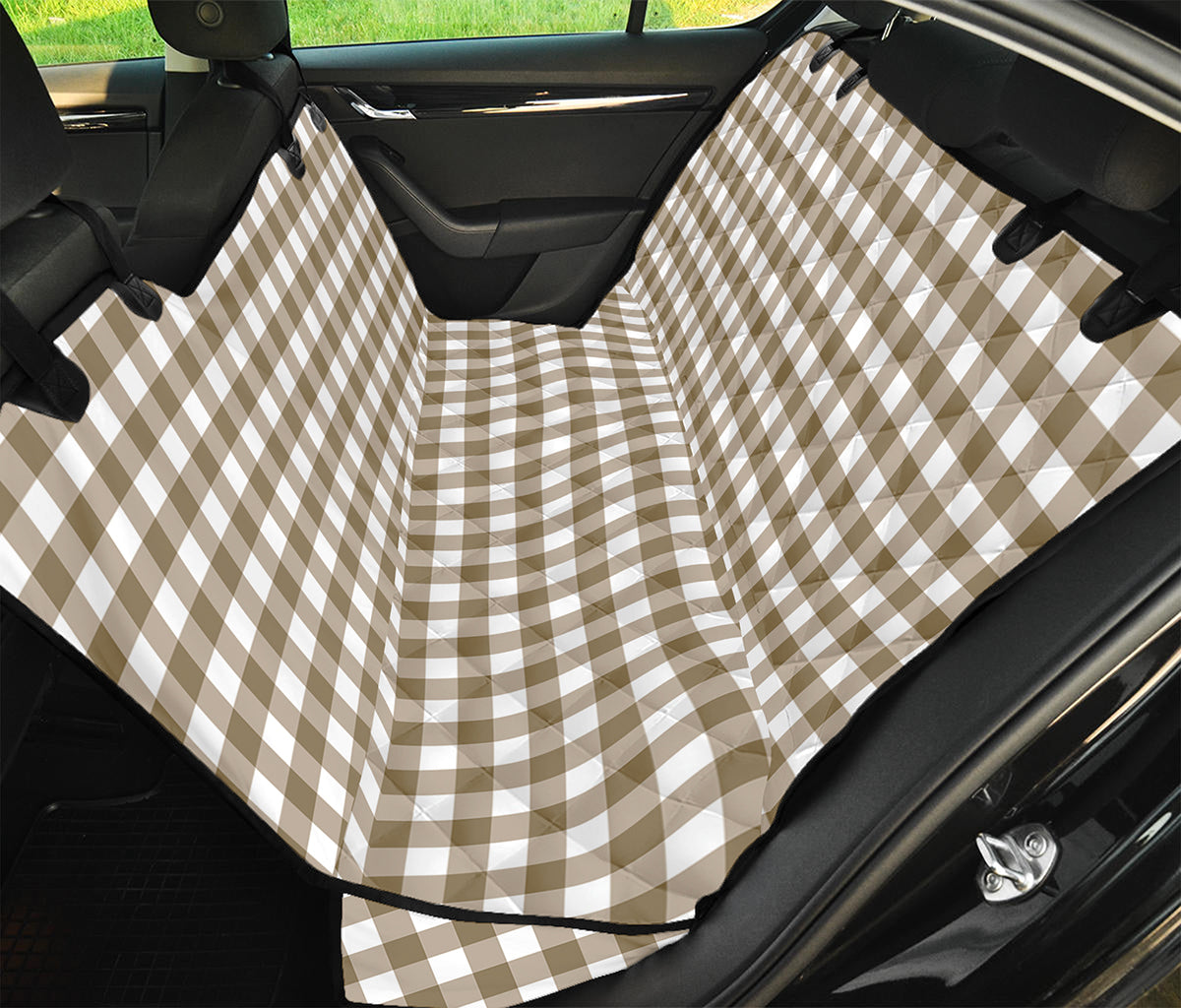Tan And White Gingham Pattern Print Pet Car Back Seat Cover