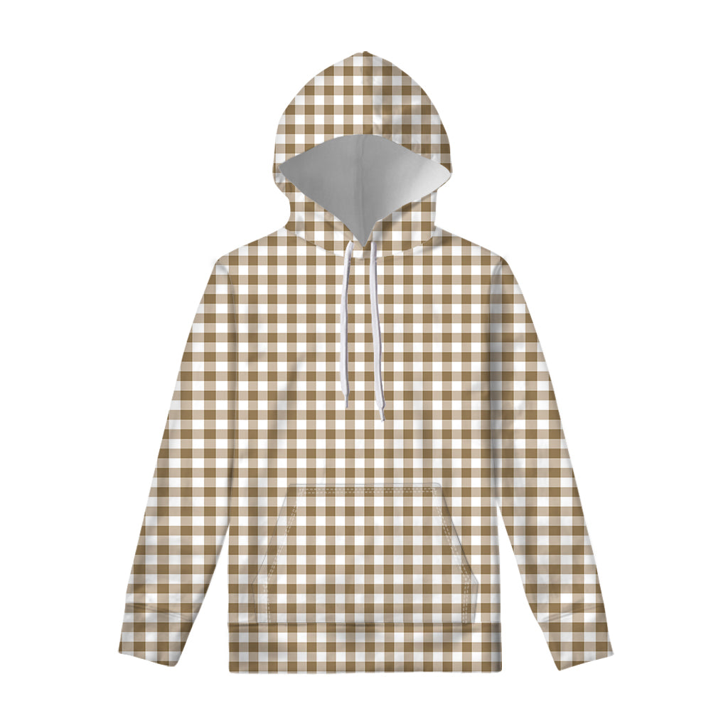 Tan And White Gingham Pattern Print Pullover Hoodie