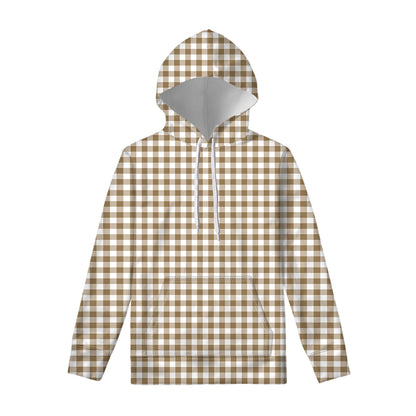 Tan And White Gingham Pattern Print Pullover Hoodie