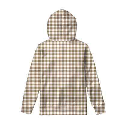 Tan And White Gingham Pattern Print Pullover Hoodie