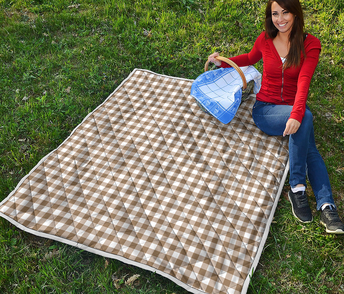 Tan And White Gingham Pattern Print Quilt