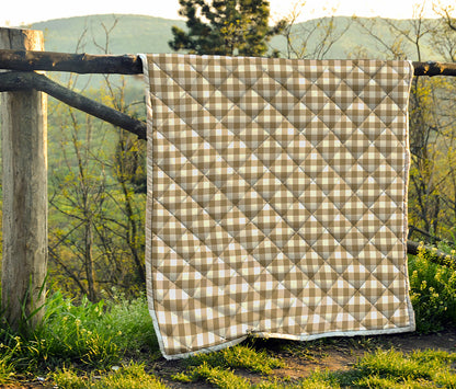 Tan And White Gingham Pattern Print Quilt