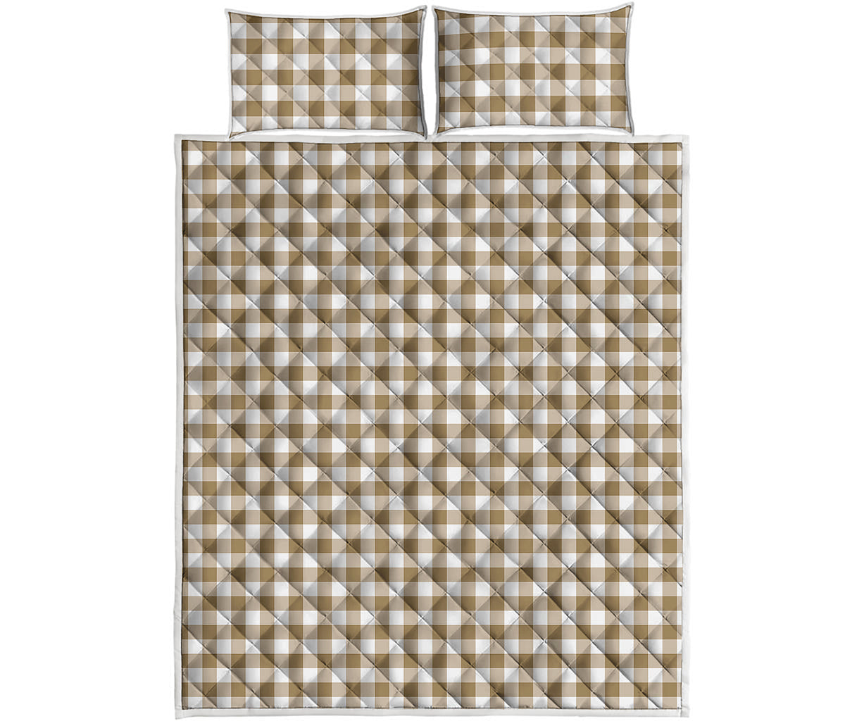 Tan And White Gingham Pattern Print Quilt Bed Set