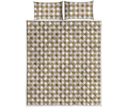 Tan And White Gingham Pattern Print Quilt Bed Set