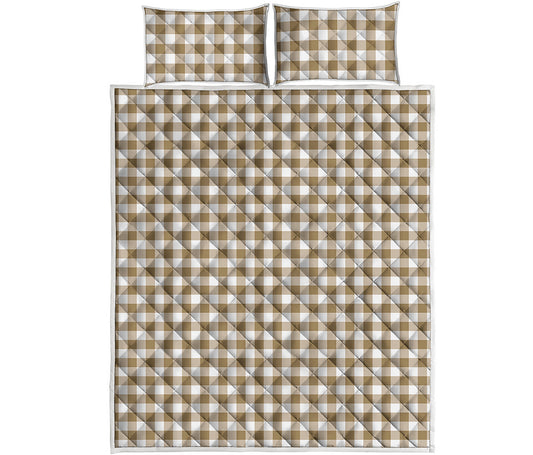Tan And White Gingham Pattern Print Quilt Bed Set
