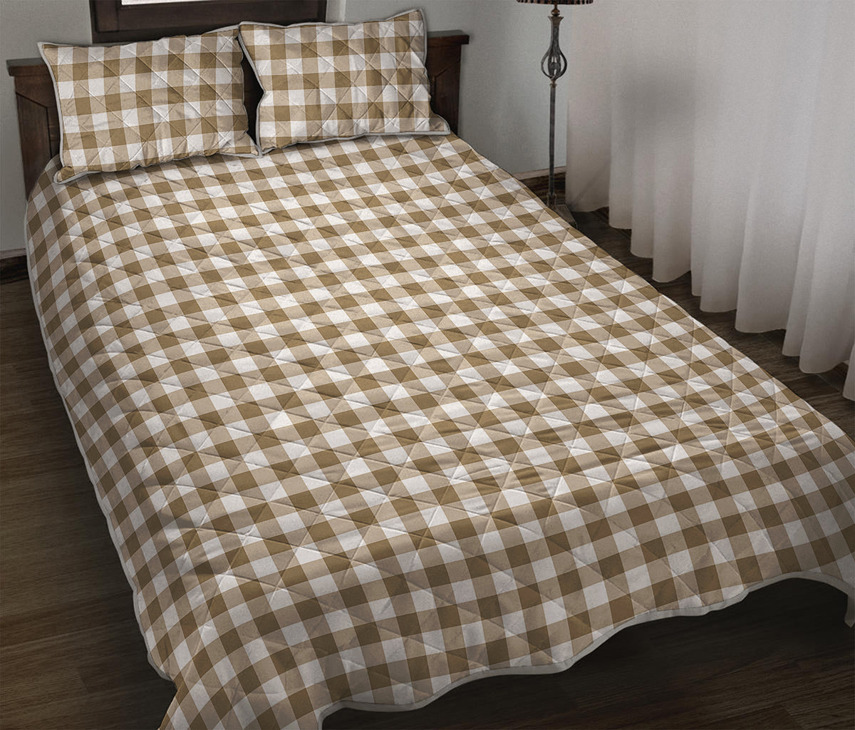 Tan And White Gingham Pattern Print Quilt Bed Set