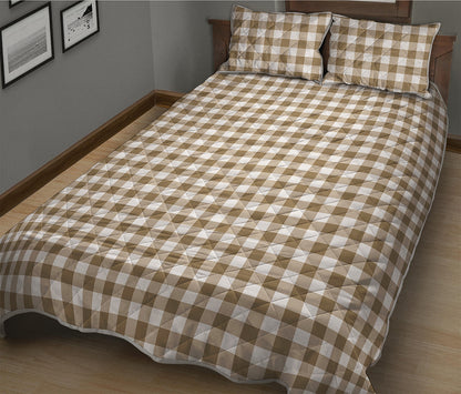 Tan And White Gingham Pattern Print Quilt Bed Set