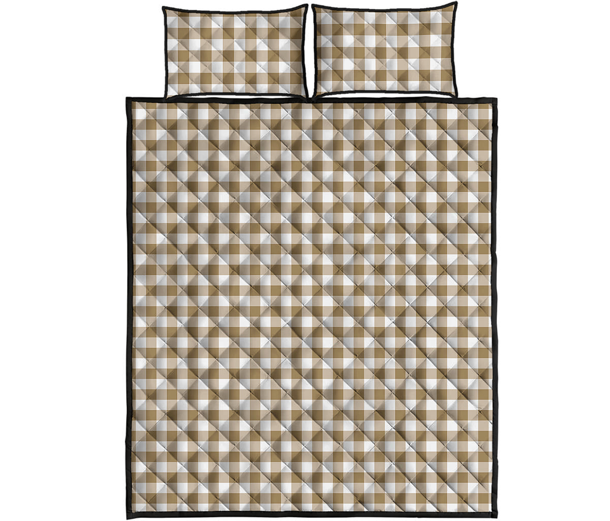 Tan And White Gingham Pattern Print Quilt Bed Set