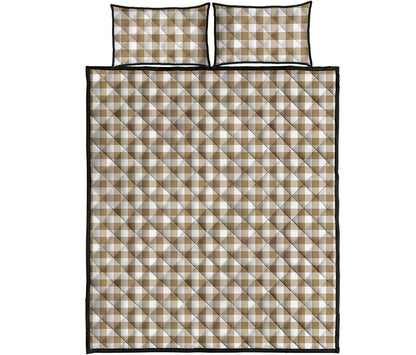 Tan And White Gingham Pattern Print Quilt Bed Set