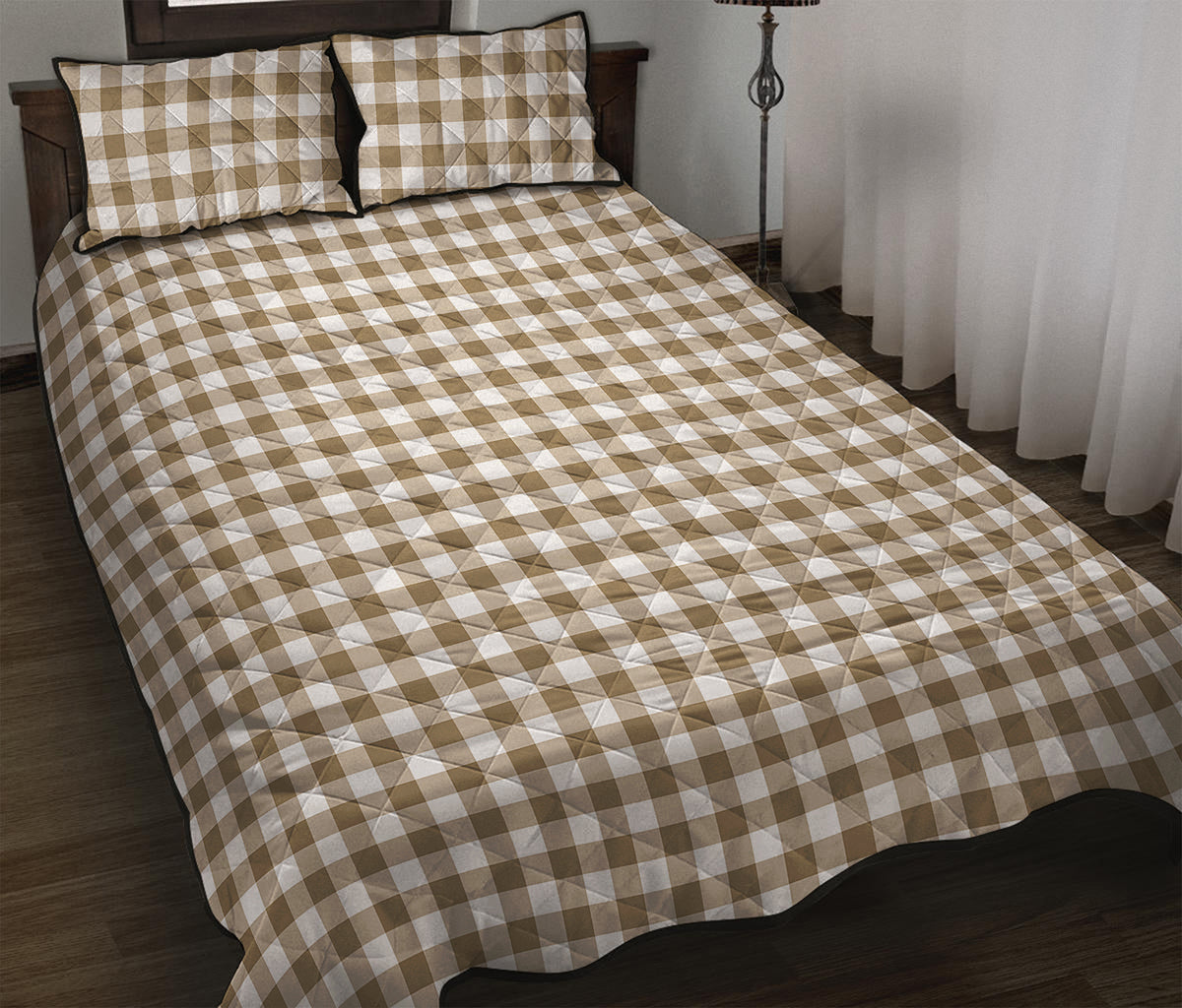 Tan And White Gingham Pattern Print Quilt Bed Set
