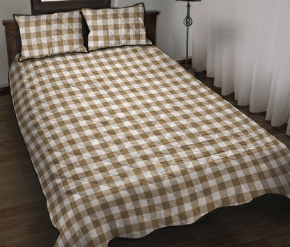 Tan And White Gingham Pattern Print Quilt Bed Set