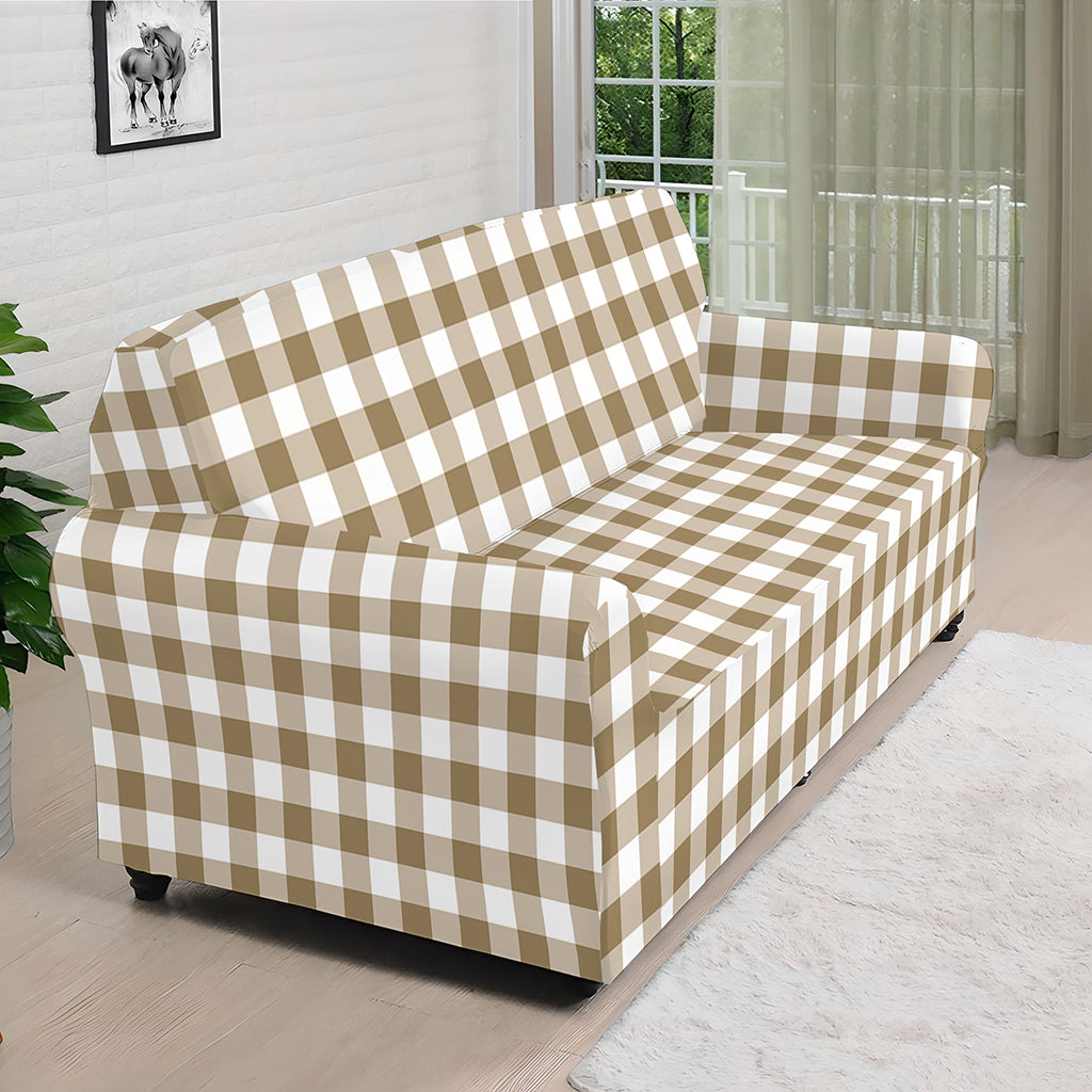 Tan And White Gingham Pattern Print Sofa Cover