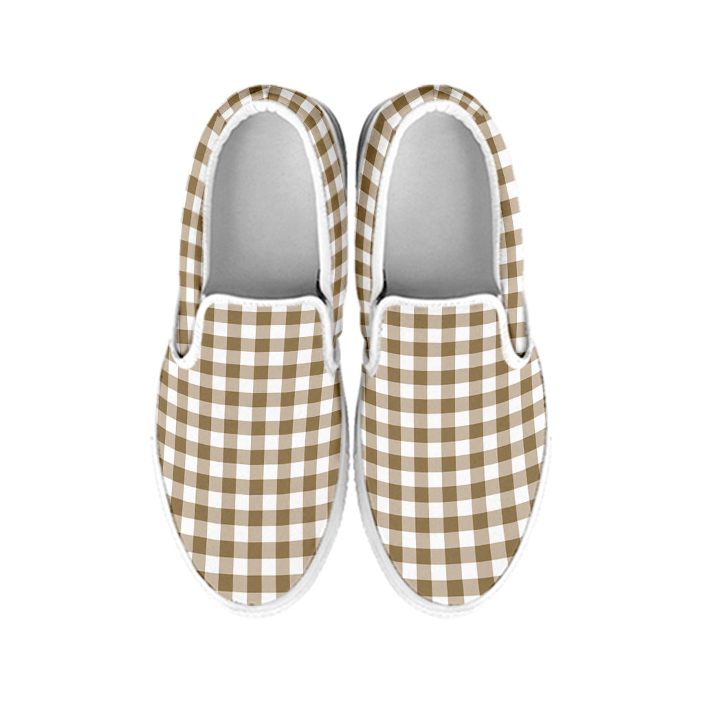 Tan And White Gingham Pattern Print White Slip On Shoes