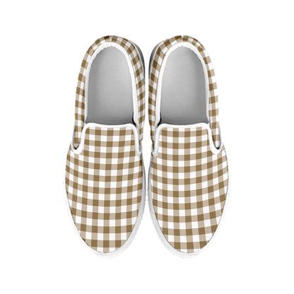 Tan And White Gingham Pattern Print White Slip On Shoes