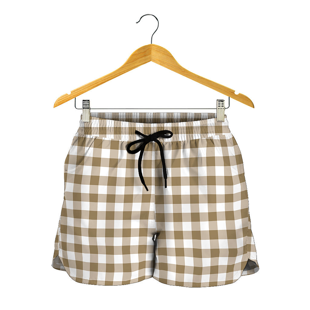 Tan And White Gingham Pattern Print Women's Shorts