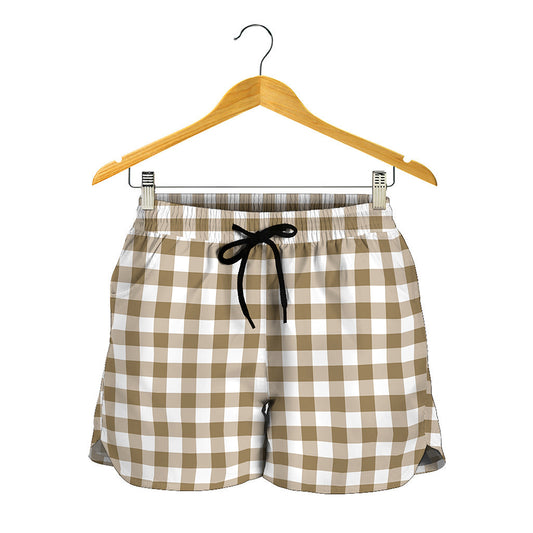 Tan And White Gingham Pattern Print Women's Shorts