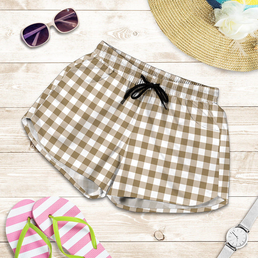 Tan And White Gingham Pattern Print Women's Shorts
