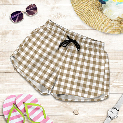 Tan And White Gingham Pattern Print Women's Shorts