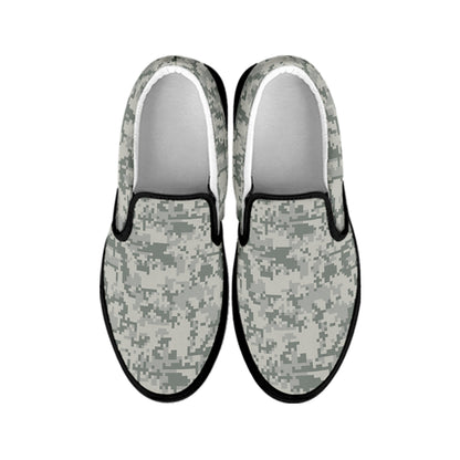 Tan Digital Camo Pattern Print Black Slip On Shoes