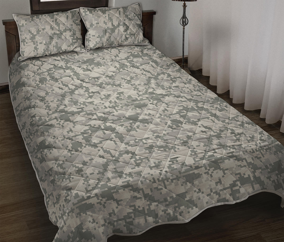 Tan Digital Camo Pattern Print Quilt Bed Set