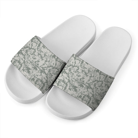 Tan Digital Camo Pattern Print White Slide Sandals