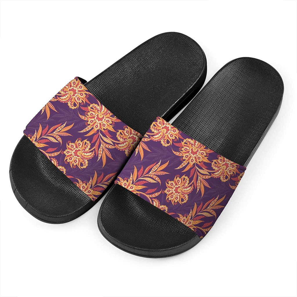 Tangerine Floral Bohemian Pattern Print Black Slide Sandals