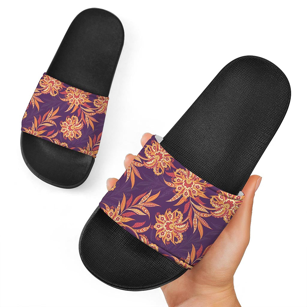 Tangerine Floral Bohemian Pattern Print Black Slide Sandals