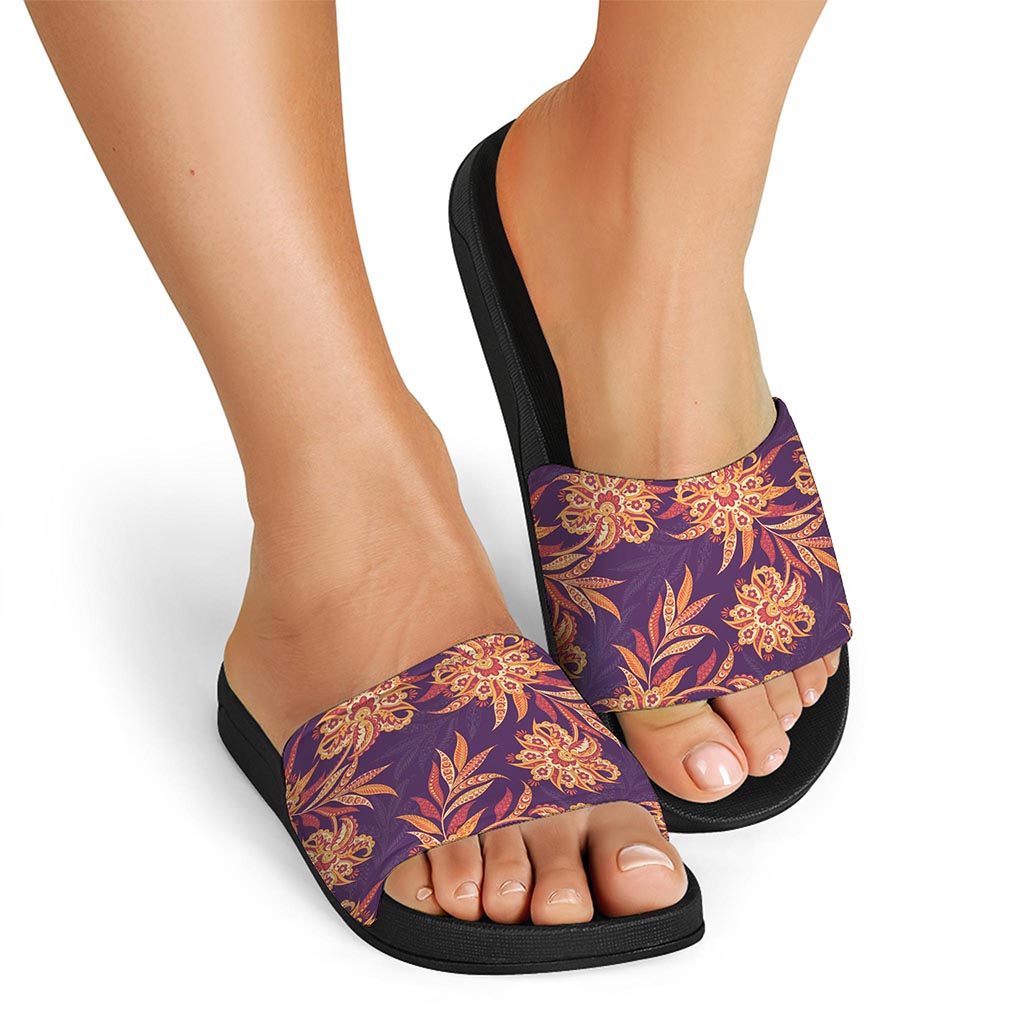Tangerine Floral Bohemian Pattern Print Black Slide Sandals