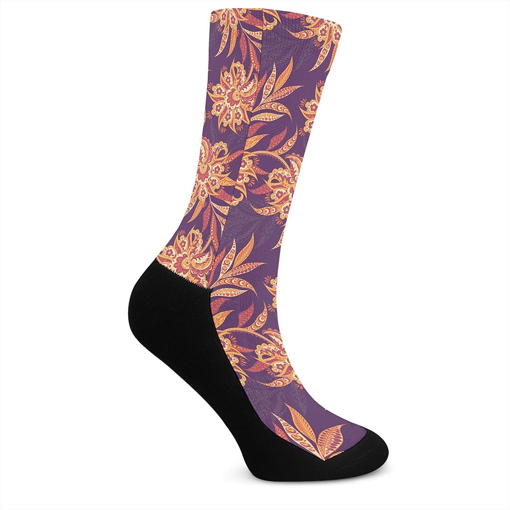 Tangerine Floral Bohemian Pattern Print Crew Socks