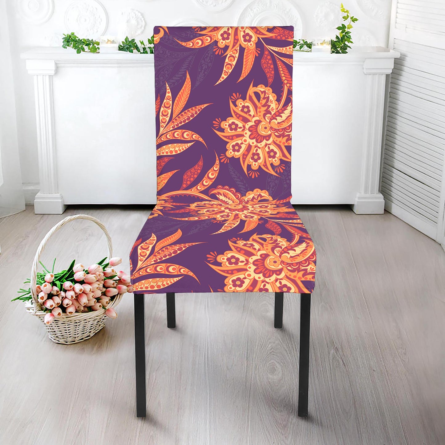 Tangerine Floral Bohemian Pattern Print Dining Chair Slipcover