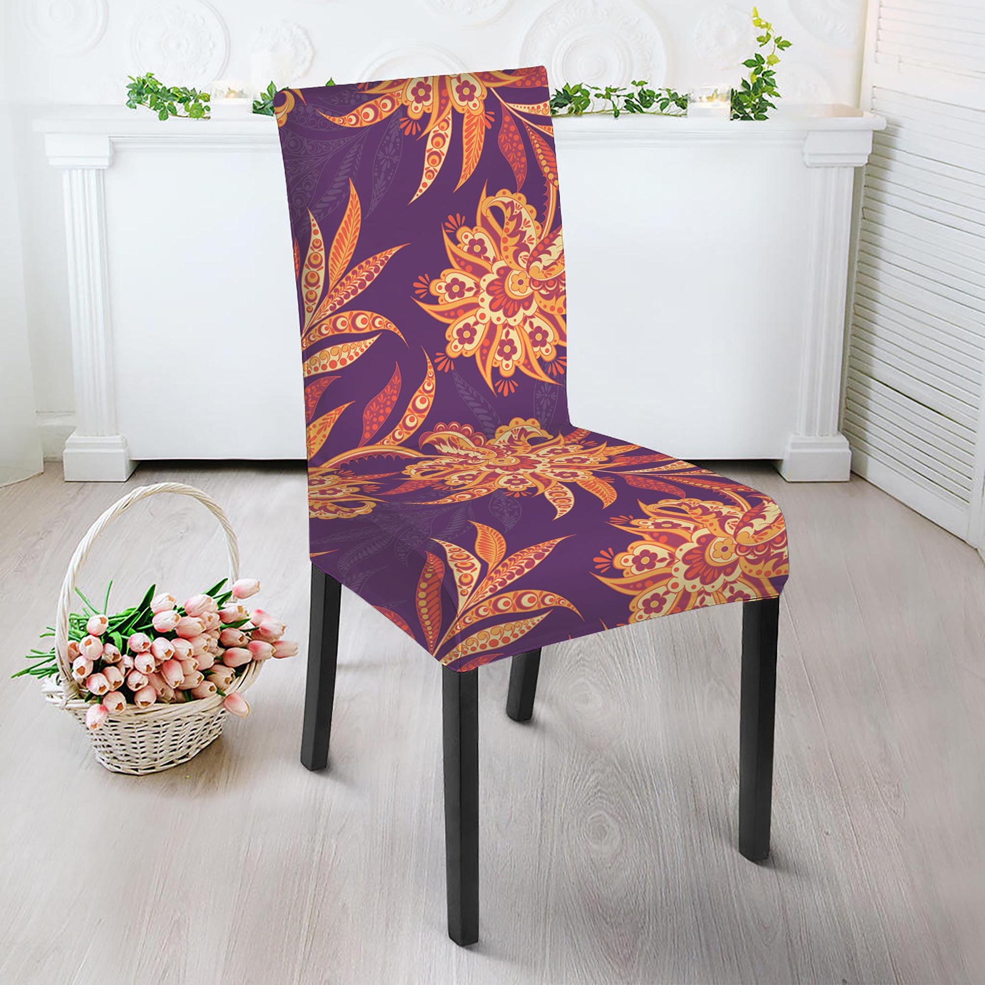 Tangerine Floral Bohemian Pattern Print Dining Chair Slipcover