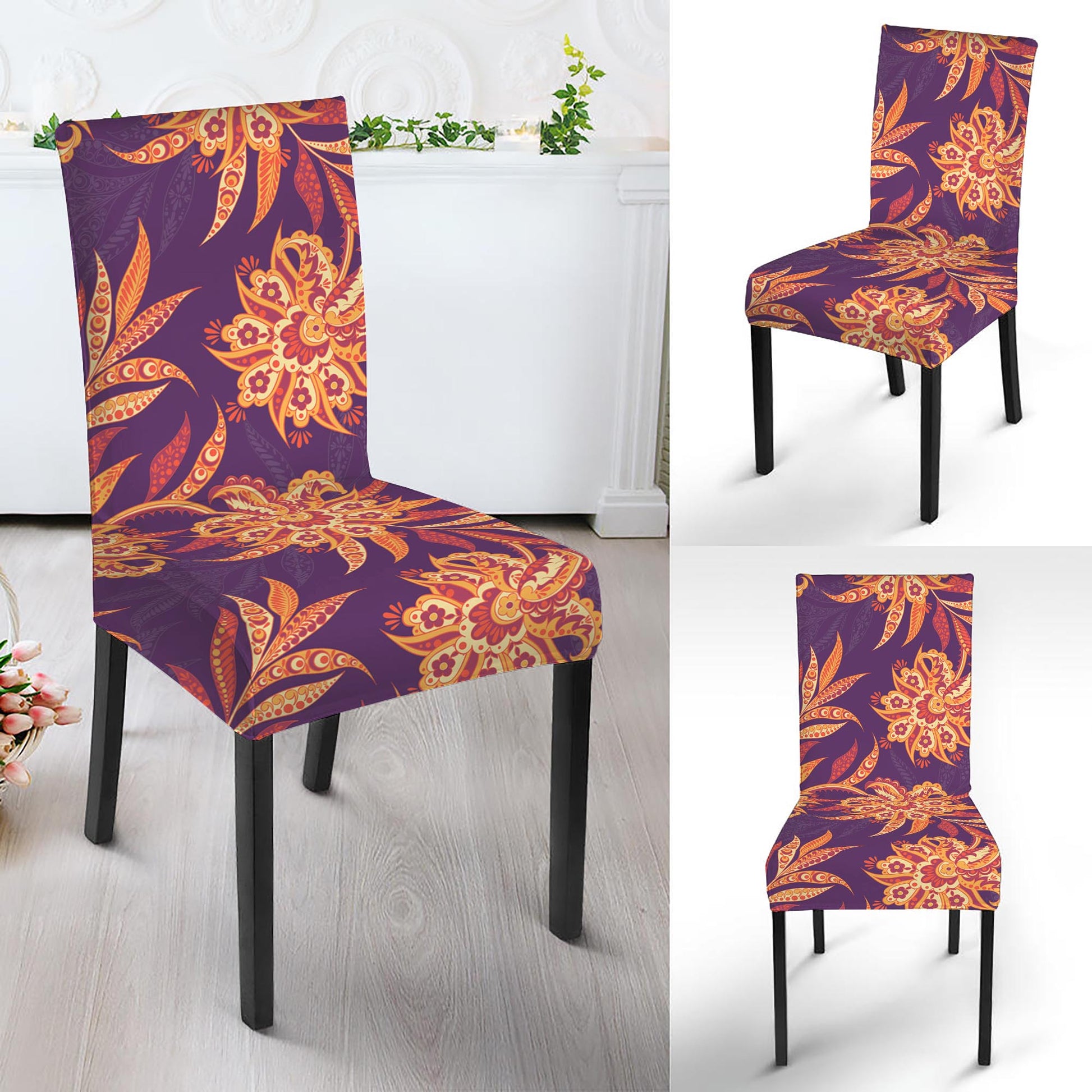 Tangerine Floral Bohemian Pattern Print Dining Chair Slipcover
