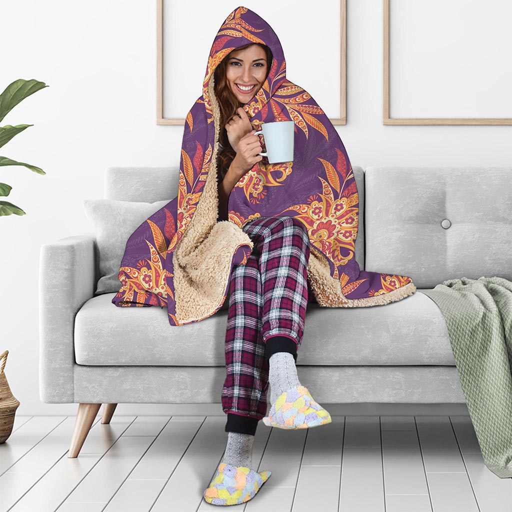Tangerine Floral Bohemian Pattern Print Hooded Blanket