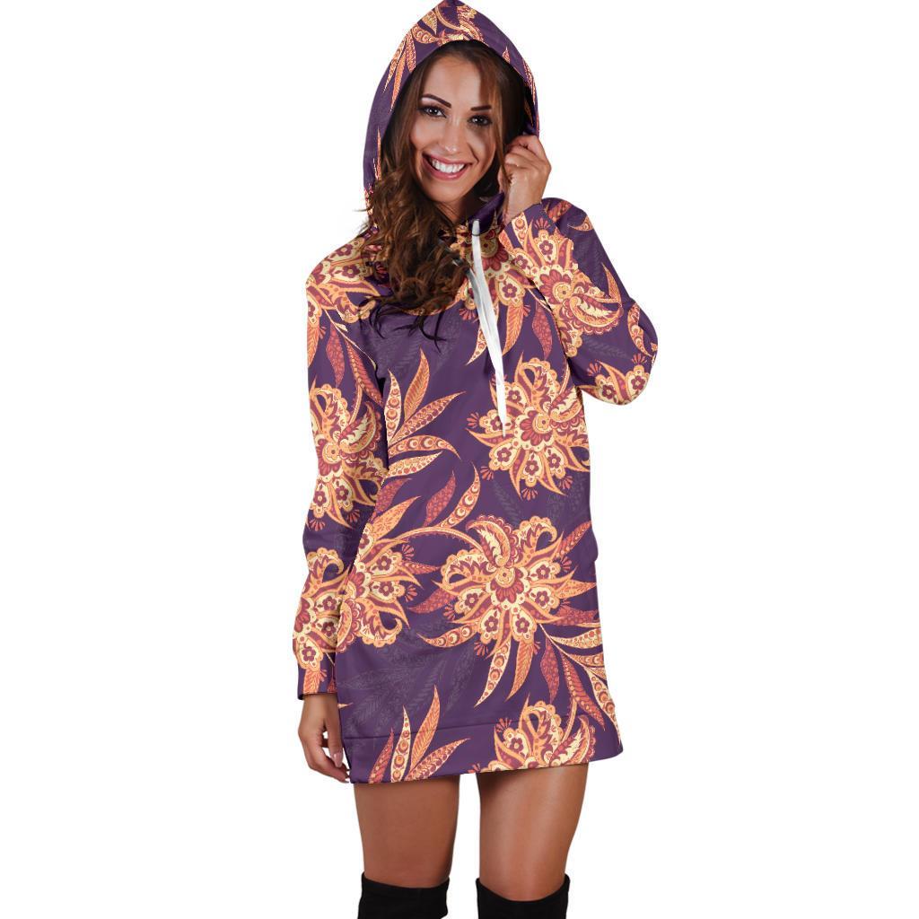 Tangerine Floral Bohemian Pattern Print Hoodie Dress GearFrost
