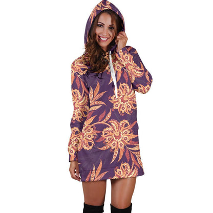Tangerine Floral Bohemian Pattern Print Hoodie Dress GearFrost
