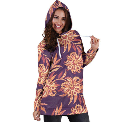 Tangerine Floral Bohemian Pattern Print Hoodie Dress GearFrost