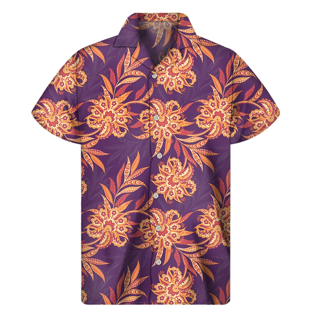 Tangerine Floral Bohemian Pattern Print Men's Short Sleeve Shirt